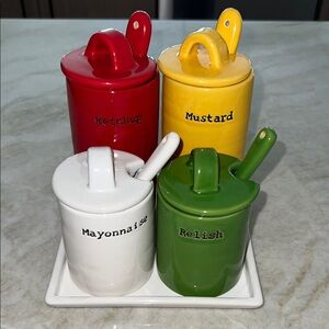 Pottery Barn Ketchup, Mustard, Mayonnaise, Relish Condiment Jar Set